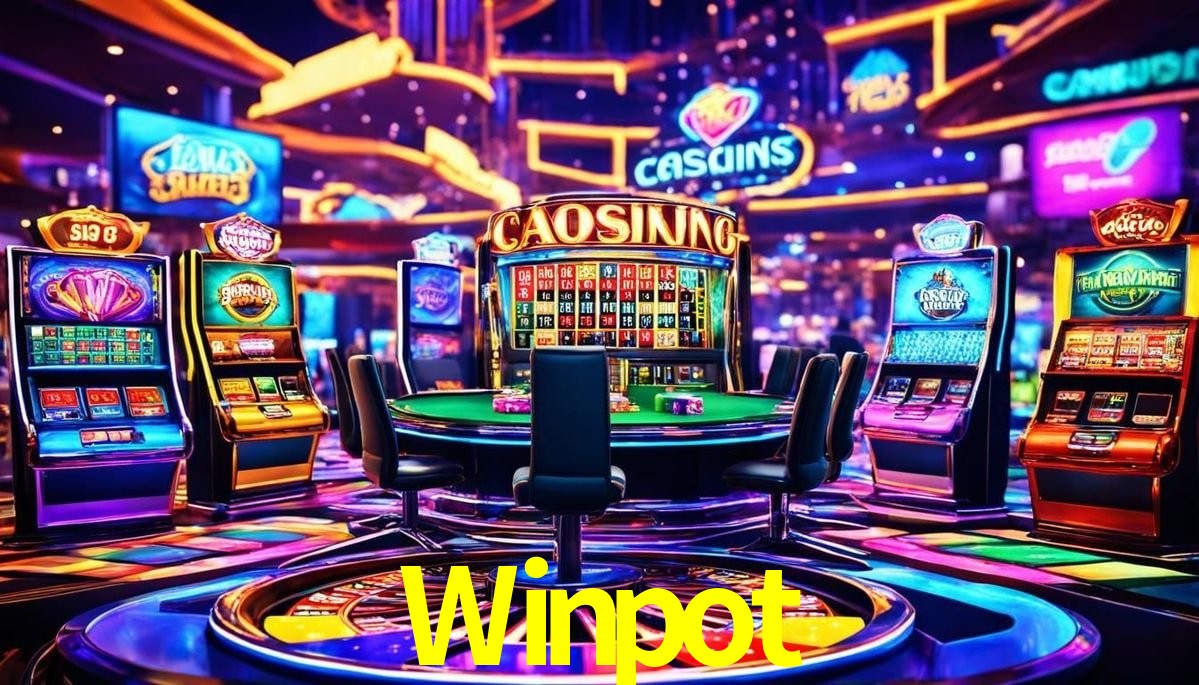 Escena dinámica inspirada en casino con iluminación Winpot, cartas, fichas e íconos de juegos digitales en un espacio moderno de juegos.