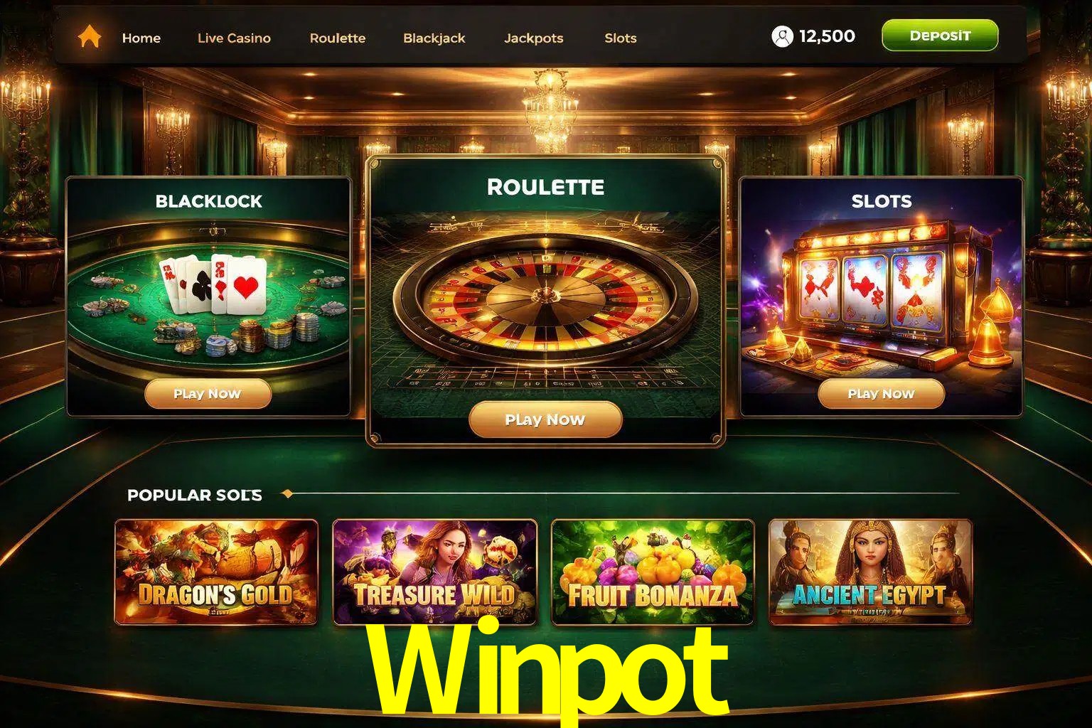 Vista de la plataforma Winpot Casino mostrando categorías organizadas de juegos en línea