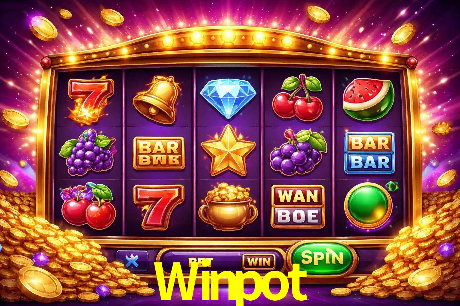 Una interfaz colorida de tragamonedas en línea con símbolos brillantes, monedas y un efecto de victoria celebratoria en Winpot.