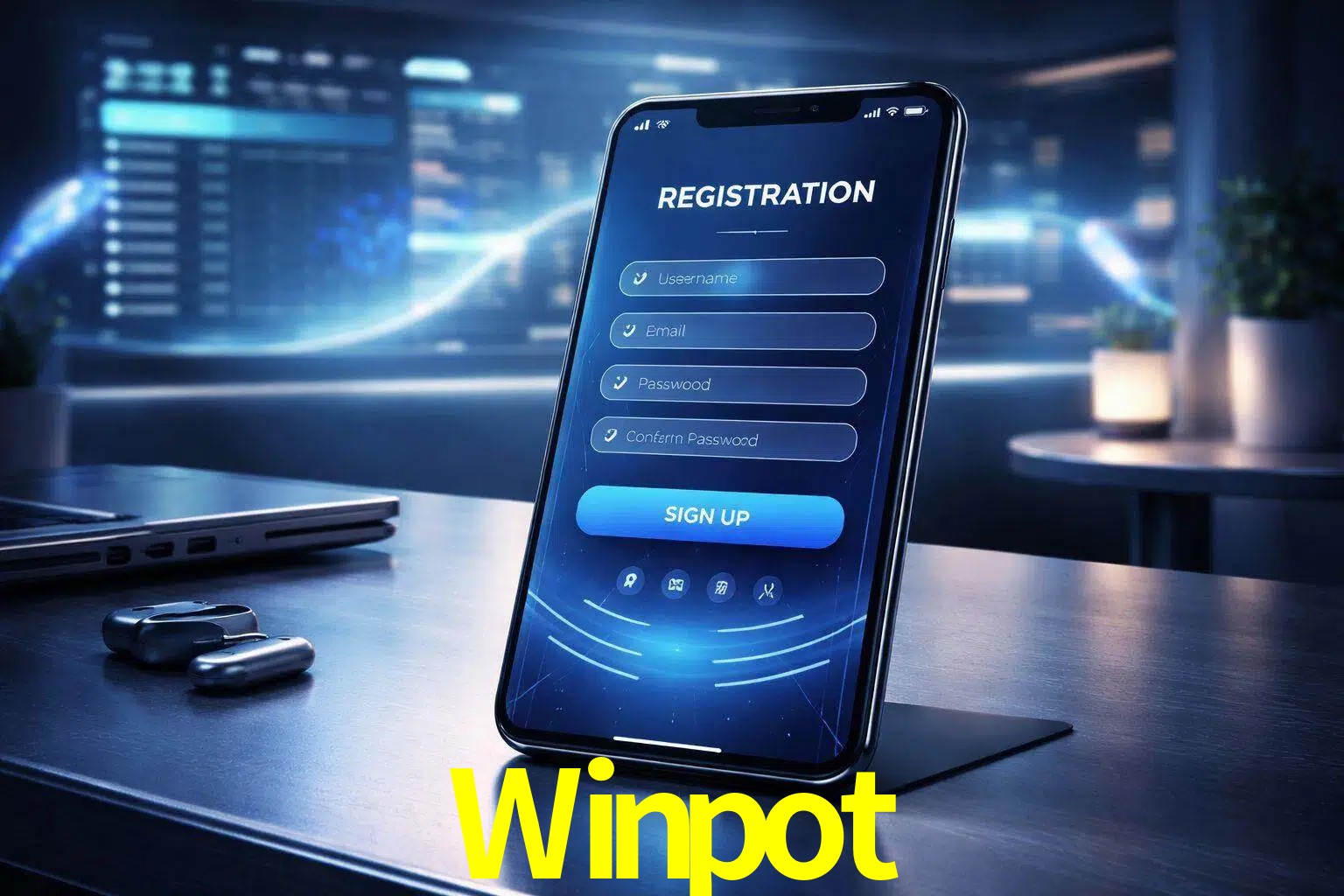 Una interfaz moderna de registro móvil para Winpot mostrada en un smartphone con un panel de apuestas elegante.